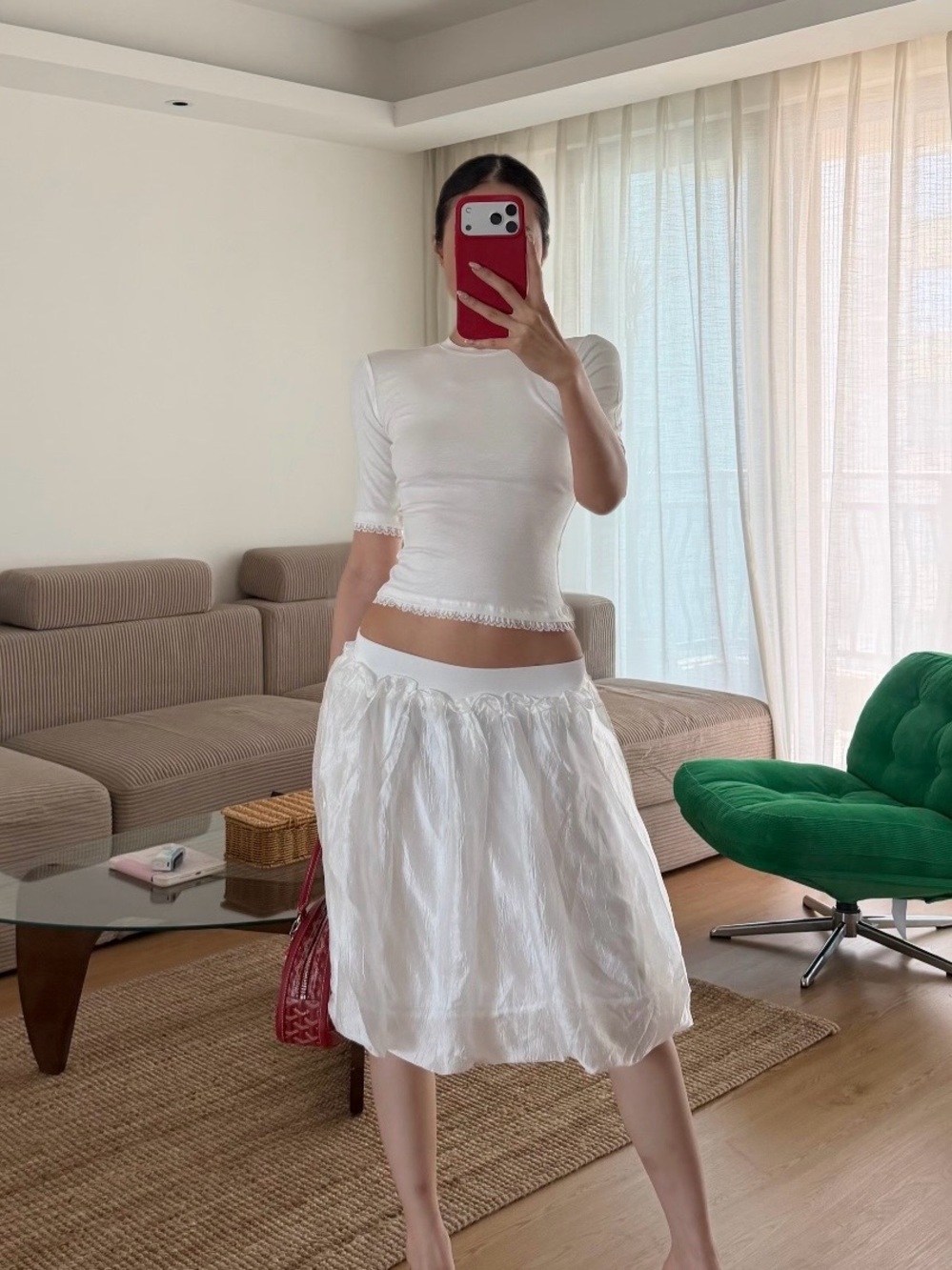 White Gathered Acetic Bud Midi Skirt